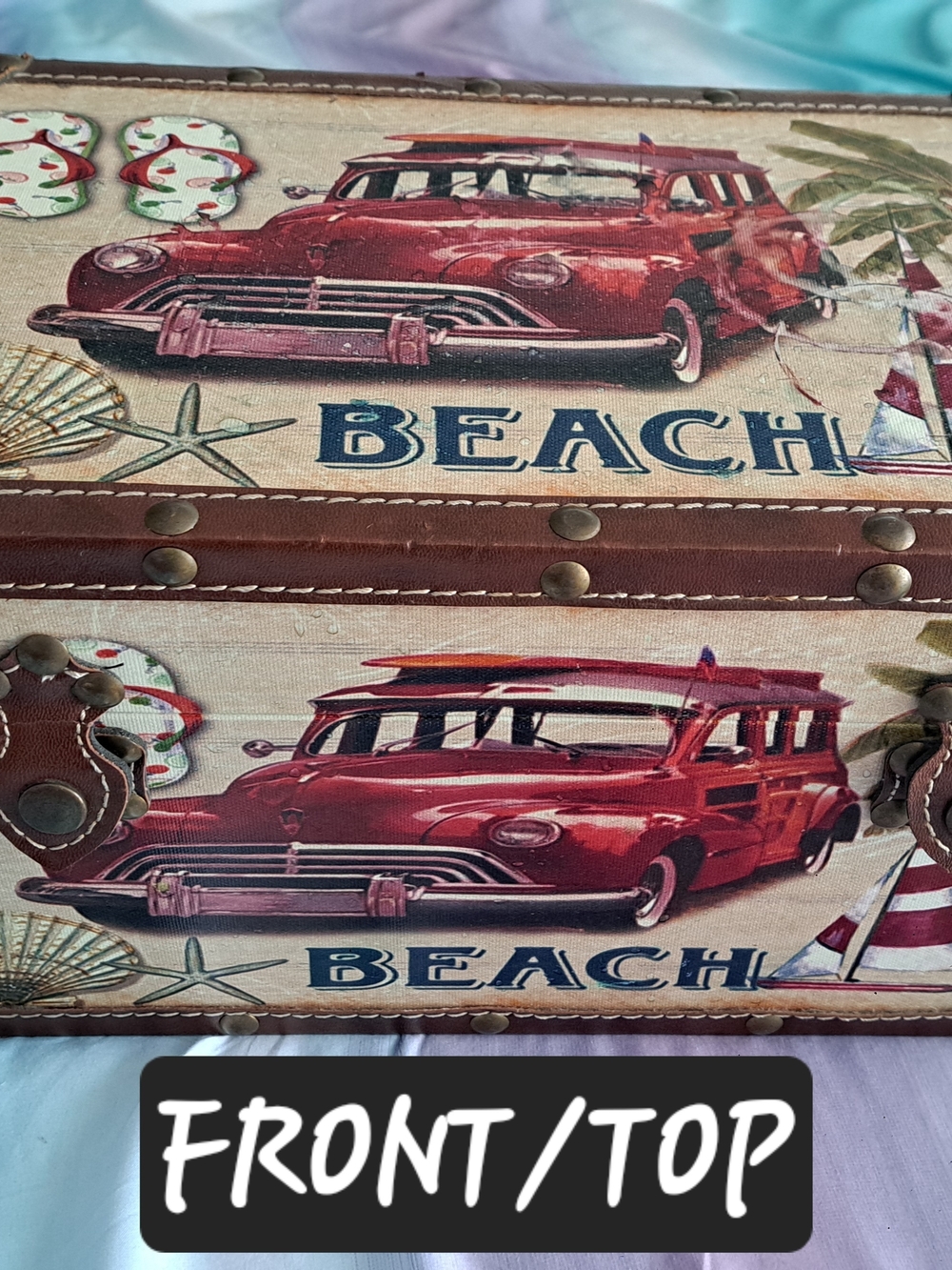 Vintage Red Beach Print Storage Trunk - Decorative Home Accent